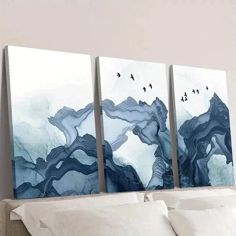 3pcs Soft Blue Smoke Waves and Birds Wall Art Set Canvas Framed 40x60cm - High Quality Print 100% Australian Made Wall Canvas Ready to Hang