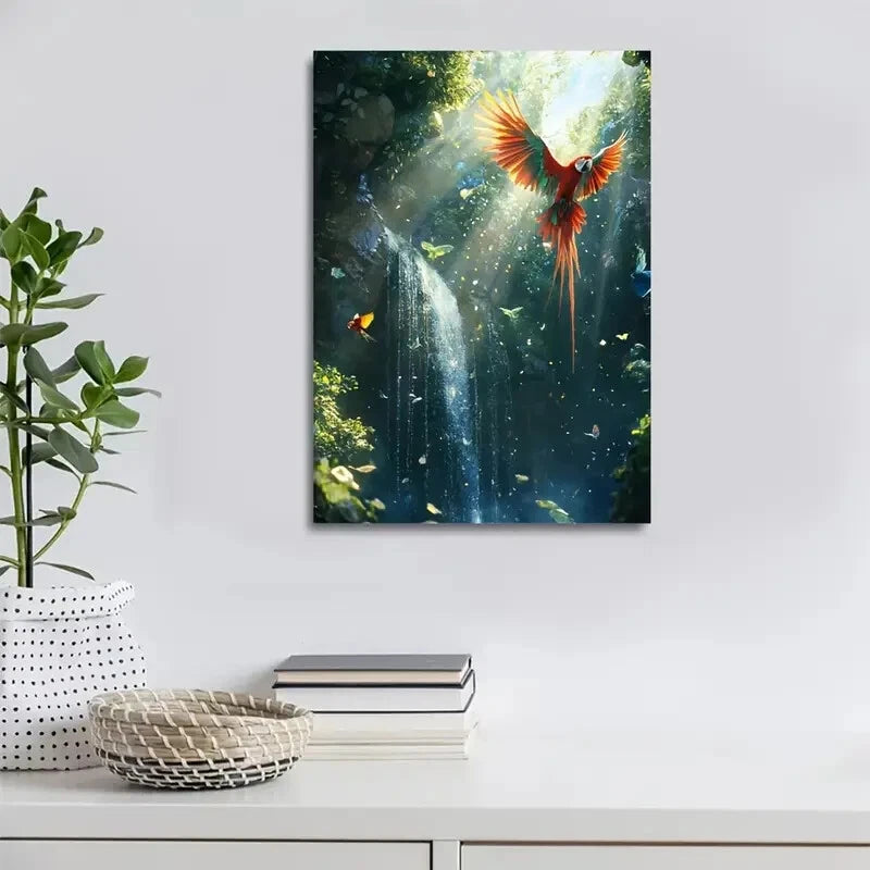 Colorful Tropical Scene with Waterfall & Sun Painting 40x60cm Metal Print Ready to Hang