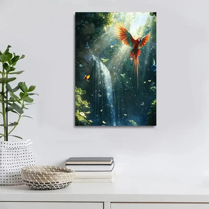 Colorful Tropical Scene with Waterfall & Sun Painting 40x60cm Metal Print Ready to Hang