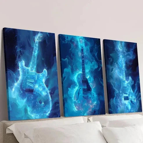 3pcs Guitars with Blue Flames Decoration Wall Art Canvas Unframed - High Quality Print 100% Australian Made Wall Canvas