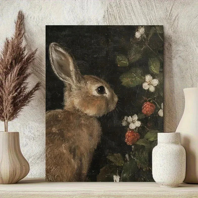 Vintage Rabbit Farmhouse Painting 40x60cm Metal Print Ready to Hang