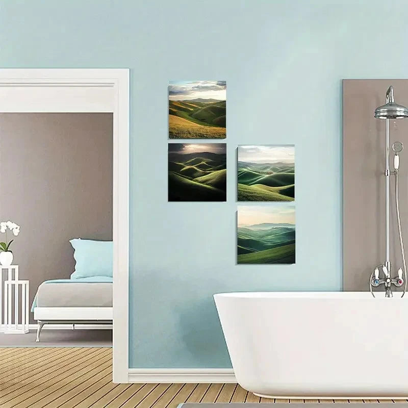 4pcs Vibrant Green Hills & Sunset Scenery Wall Art Canvas Framed