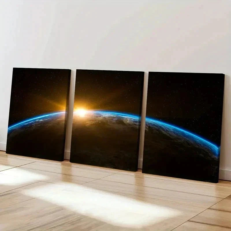 3pcs Sunrise Planet Earth from Outer Space Wall Art Set Canvas Framed 40x60cm - High Quality Print 100% Australian Made Wall Canvas Ready to Hang