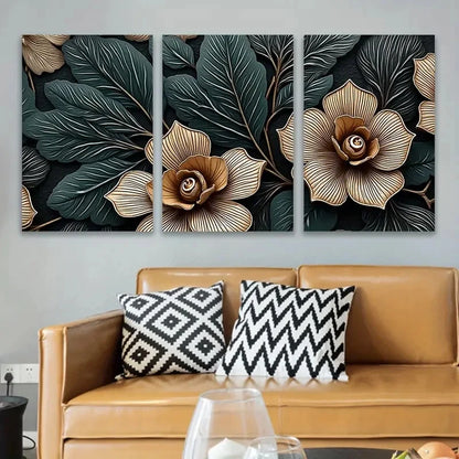 3pcs Black Background With Golden Flowers Wall Art Set Canvas Framed 40x60cm - High Quality Print 100% Australian Made Wall Canvas Ready to Hang