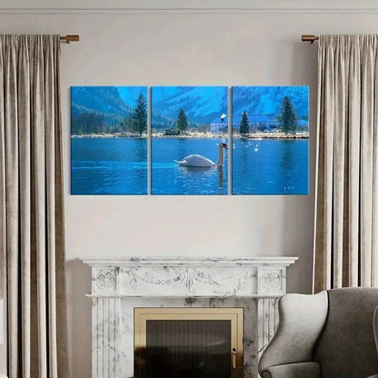 3pcs Blue Colored Lake and White Swan Wall Art Set Canvas Framed 40x60cm - High Quality Print 100% Australian Made Wall Canvas Ready to Hang
