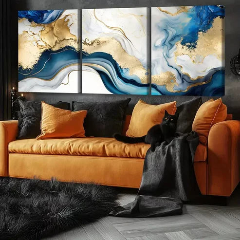3pcs Abstract Swirls Of Painting In Colors Of Blue & Gold Wall Art Set Canvas Unframed - High Quality Print 100% Australian Made Wall Canvas