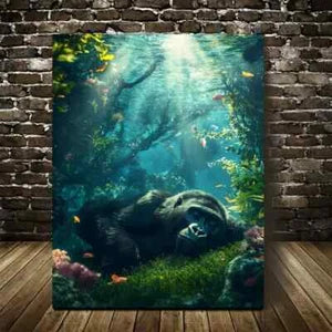 Dreamlike Gorilla Underwater Scene with Sun Painting 40x60cm Metal Print Ready to Hang