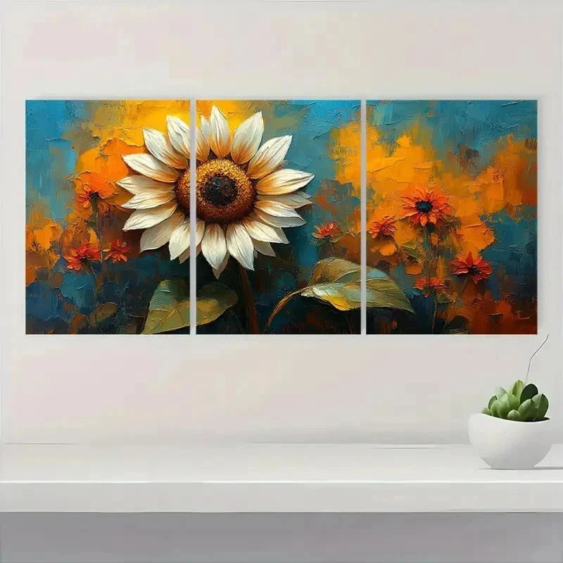 3pcs White Sunflower Vibrant Floral Perfect Wall Art Set Canvas Framed 50x70cm - High Quality Print 100% Australian Made Wall Canvas Ready to Hang