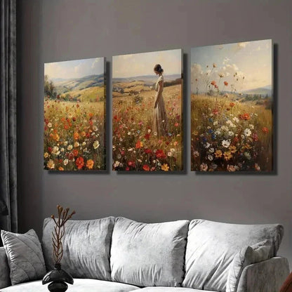 3pcs Spring Wildflowers Meadow Landscape Wall Art Set Canvas Framed 40x60cm - High Quality Print 100% Australian Made Wall Canvas Ready to Hang