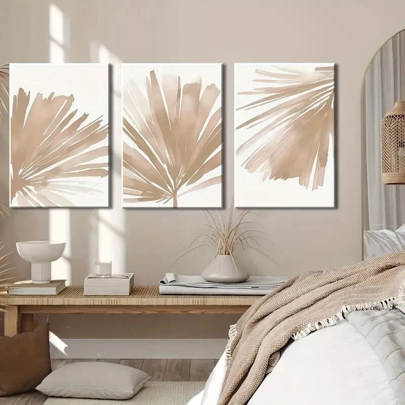 3pcs Bohemian Botanical Neutral Palm Leaf Metal Print Ready to Hang Art