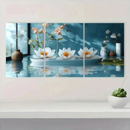 3pcs Serene Aquamarine Water Lilies Metal Print Ready to Hang Art