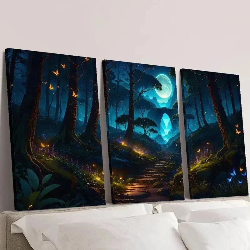 3pcs Magic Forest Moon Butterflies & Flowers Wall Art Set Canvas Framed 40x60cm - High Quality Print 100% Australian Made Wall Canvas Ready to Hang