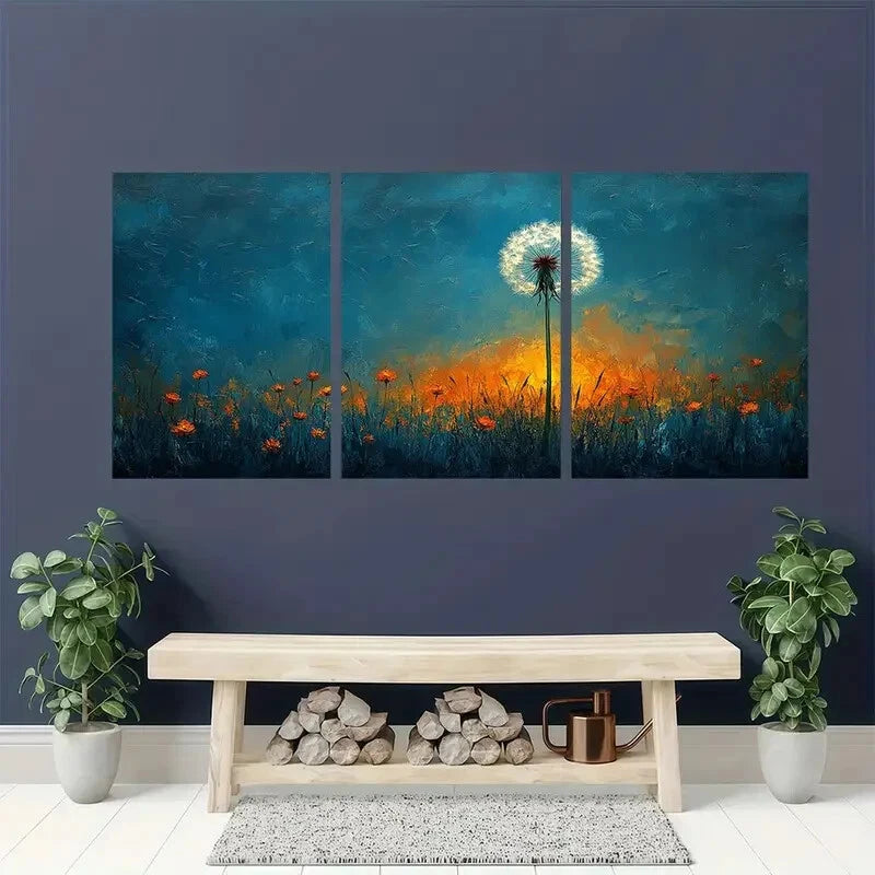 3pcs Vintage Gothic Plant Golden Blue Metal Print Ready to Hang Art