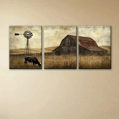 3pcs Barn And Windmill Scene with Cows Wall Art Set Canvas Framed 40x60cm - High Quality Print 100% Australian Made Wall Canvas Ready to Hang