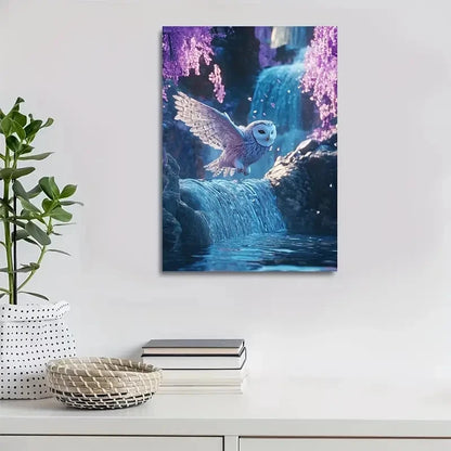 Vibrant Owl by Waterfall Painting Neon Glow 40x60cm Metal Print Ready to Hang