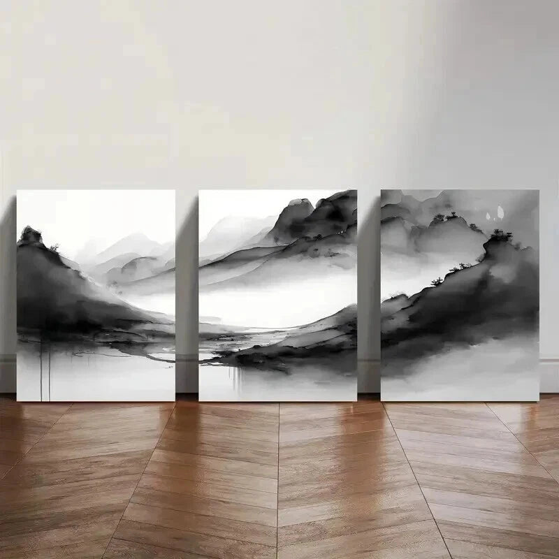 3pcs Minimalist Black & White Watercolor Wall Art Set Canvas Framed 40x60cm - High Quality Print 100% Australian Made Wall Canvas Ready to Hang