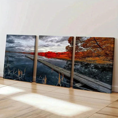 3pcs Natural Autumn Modern Pier Bridge Wall Art Set Canvas Framed 40x60cm - High Quality Print 100% Australian Made Wall Canvas Ready to Hang