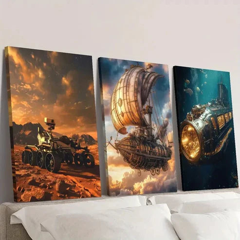 3pcs Mars Rover Steampunk Airship And Submarine Wall Art Canvas Unframed - High Quality Print 100% Australian Made Wall Canvas