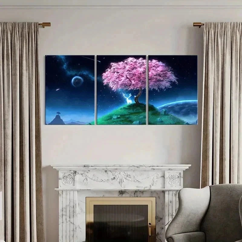 3pcs Sparkling Deer Starry Sky & Cherry Blossom Wall Art Set Canvas Framed 40x60cm - High Quality Print 100% Australian Made Wall Canvas Ready to Hang