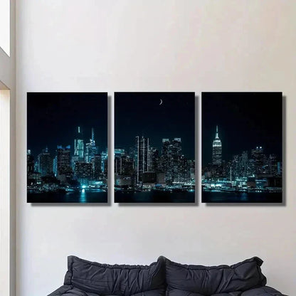 3pcs Night Moon Cityscape Skyscrapers Wall Art Set Canvas Framed 40x60cm - High Quality Print 100% Australian Made Wall Canvas Ready to Hang