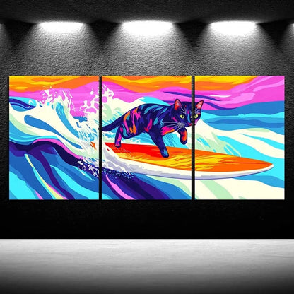 3pcs Multicolor Cat on Surfboard Cat Surfing Metal Print Ready to Hang Art