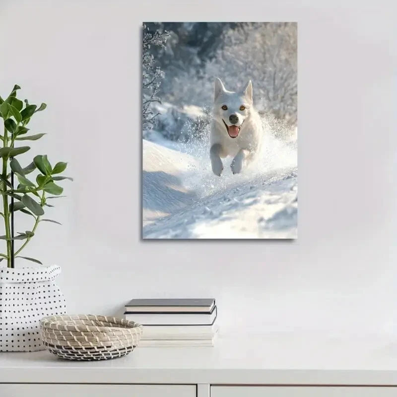 Beautiful Contemporary Style Snowy Dog Painting 40x60cm Metal Print Ready to Hang