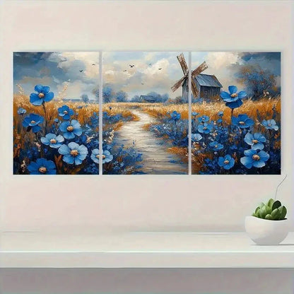 3pcs Rustic Windmill & Blue Flowers Modern Metal Print Ready to Hang Art