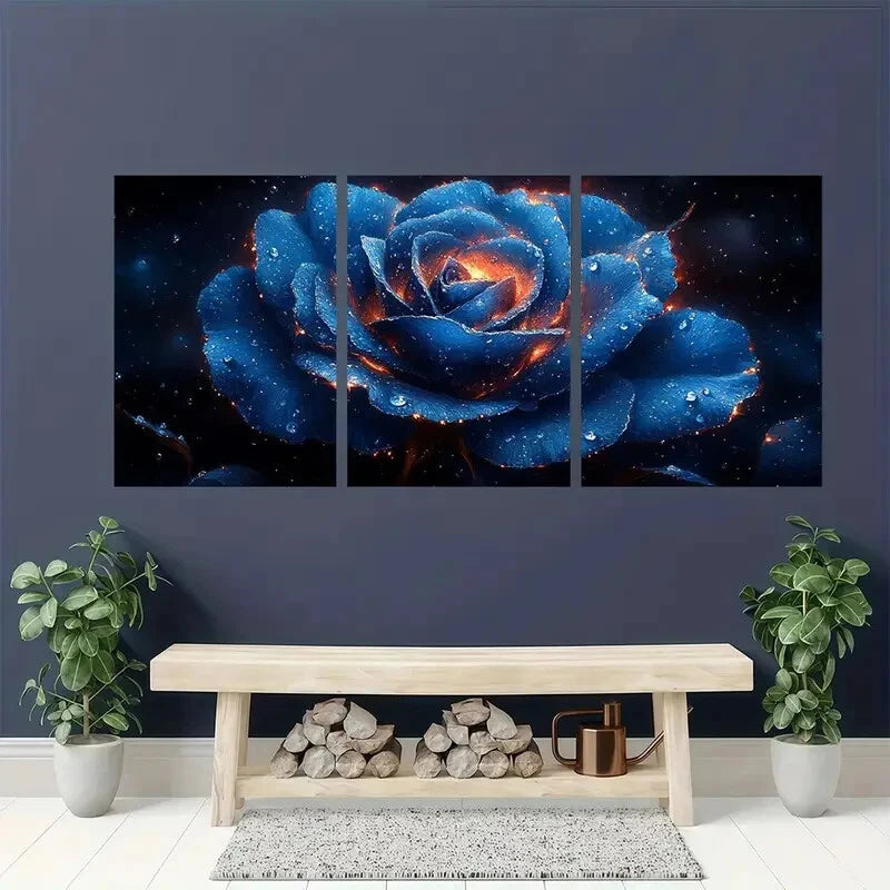 3pcs Blue Rose Fantasy Sparkling Floral Metal Print Ready to Hang Art