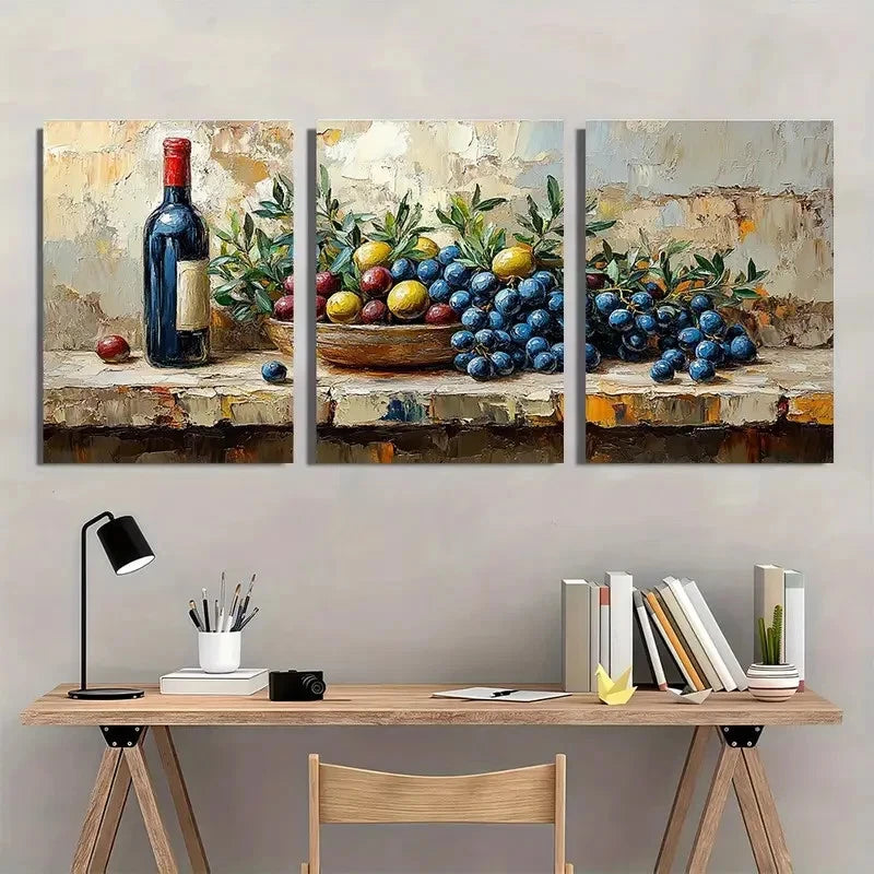 3pcs Kitchen Still Life Impasto Olives Perfect Wall Art Set Canvas Framed 40x60cm - High Quality Print 100% Australian Made Wall Canvas Ready to Hang