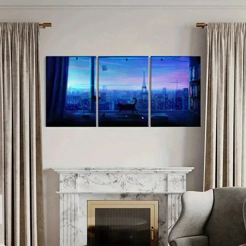 3pcs City Night Scene Tower & Cat Near Window Wall Art Canvas Unframed - High Quality Print 100% Australian Made Wall Canvas