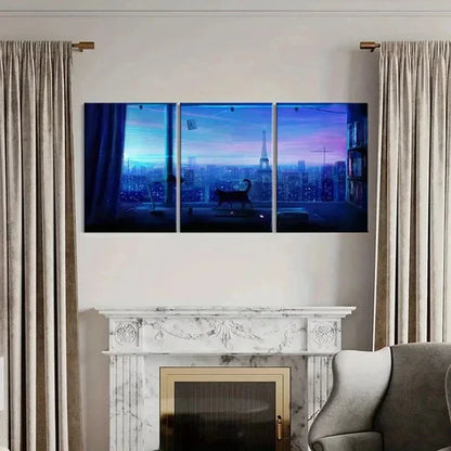 3pcs City Night Scene Tower & Cat Near Window Wall Art Canvas Unframed - High Quality Print 100% Australian Made Wall Canvas