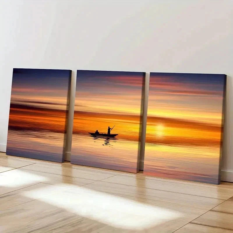 3pcs Fisherman Boat Under Sunset Wall Art Set Canvas Framed 40x60cm - High Quality Print 100% Australian Made Wall Canvas Ready to Hang
