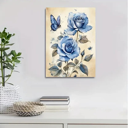 Beautiful Serene Blue Roses & Butterflies Painting 40x60cm Metal Print Ready to Hang