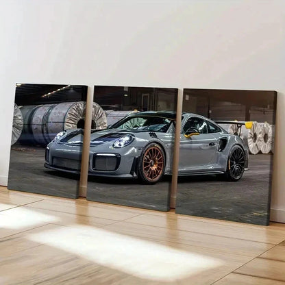 3pcs Silver Porsche Sports Car Modern Wall Art Set Canvas Framed 40x60cm - High Quality Print 100% Australian Made Wall Canvas Ready to Hang