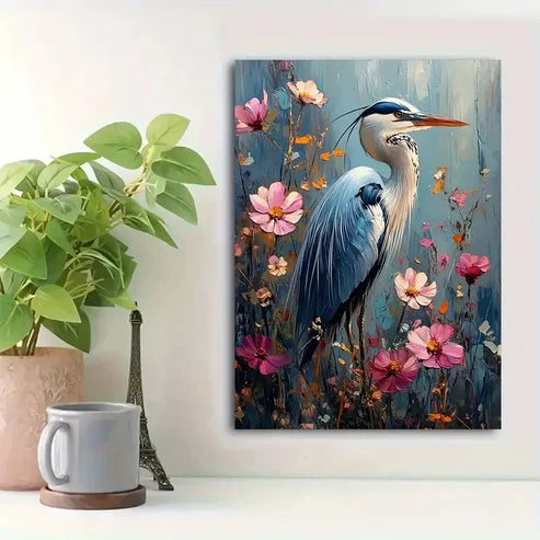 Beautiful Elegant Blue Heron Among Flowers Painting 60x90cm Metal Print Ready to Hang