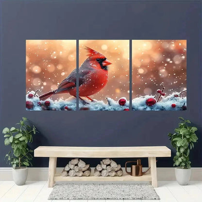 3pcs Vibrant Cardinal in Snowflakes & Berries Wall Art Set Canvas Framed 40x60cm - High Quality Print 100% Australian Made Wall Canvas Ready to Hang