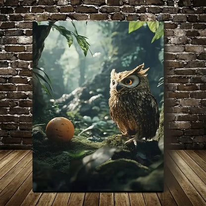 Enchanting Owl And Ball Jungle Scene Painting 40x60cm Metal Print Ready to Hang