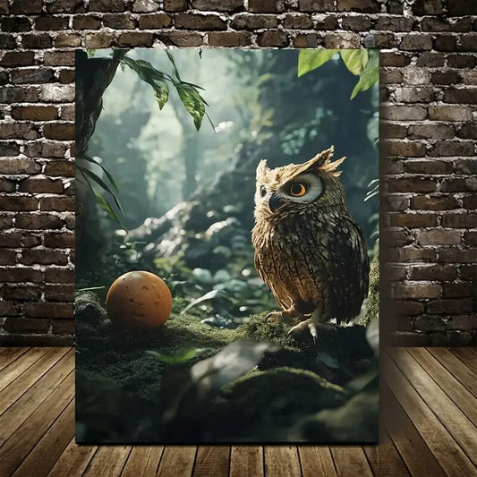 Enchanting Owl And Ball Jungle Scene Painting 40x60cm Metal Print Ready to Hang