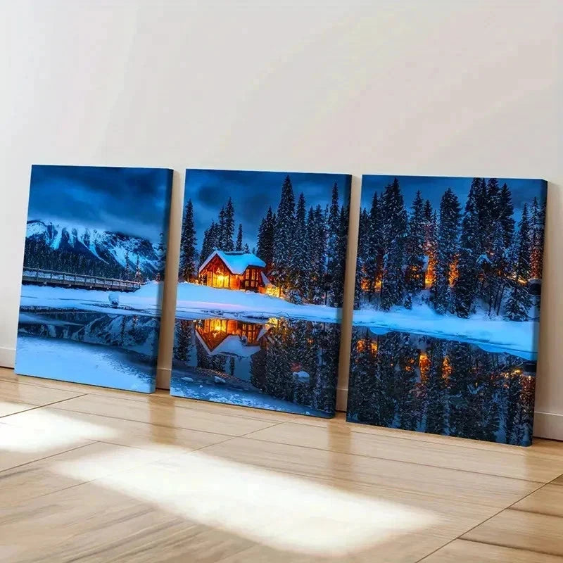 3pcs Winter Decoration Lake House Snow Scenery Wall Art Set Canvas Framed 40x60cm - High Quality Print 100% Australian Made Wall Canvas Ready to Hang