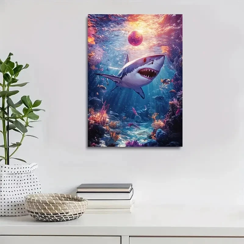 Vibrant Shark with Ball Underwater Scene Painting  40x60cm Metal Print Ready to Hang