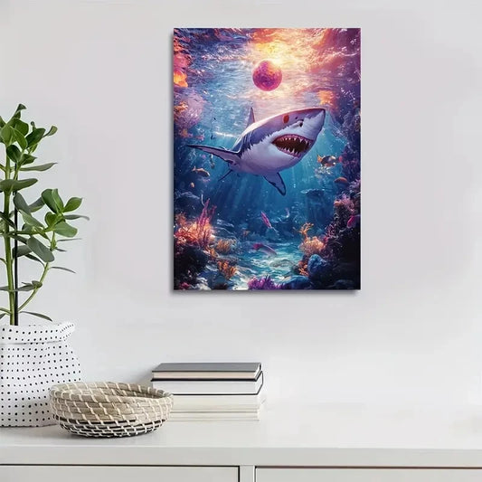 Vibrant Shark with Ball Underwater Scene Painting  40x60cm Metal Print Ready to Hang