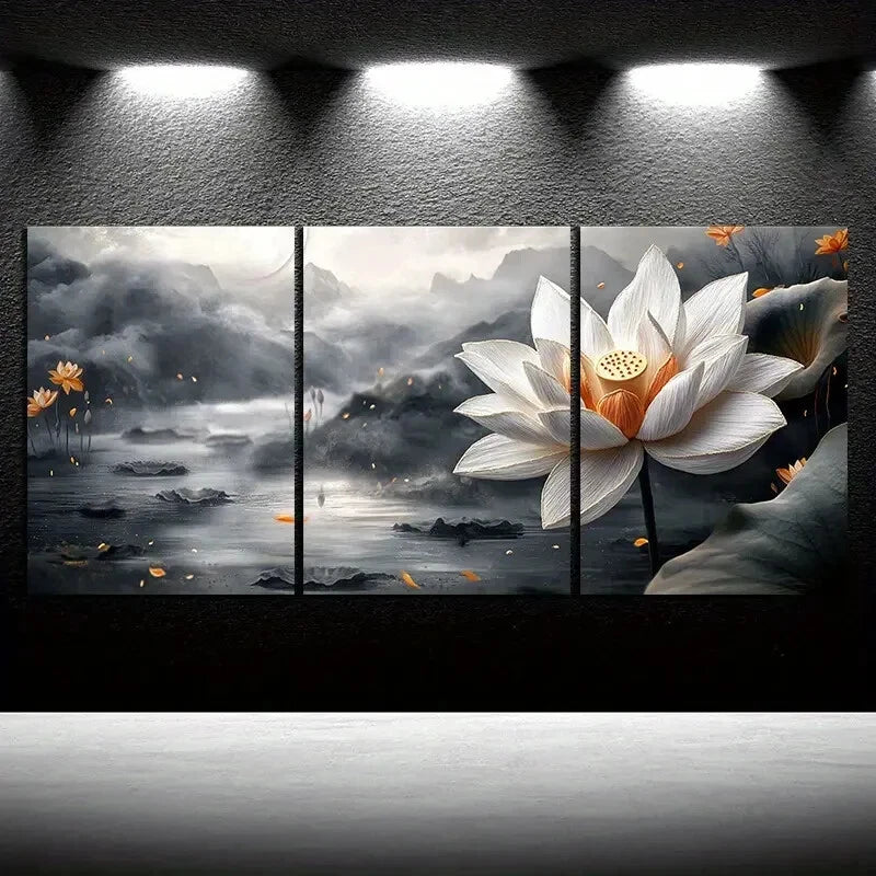 3pcs Water Lily Trio Black and White Metal Print Ready to Hang Art