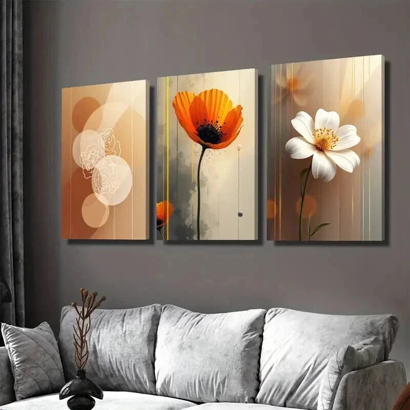 3pcs Abstract Floral Vertical Orange & White Wall Art Set Canvas Framed 50x70cm - High Quality Print 100% Australian Made Wall Canvas Ready to Hang