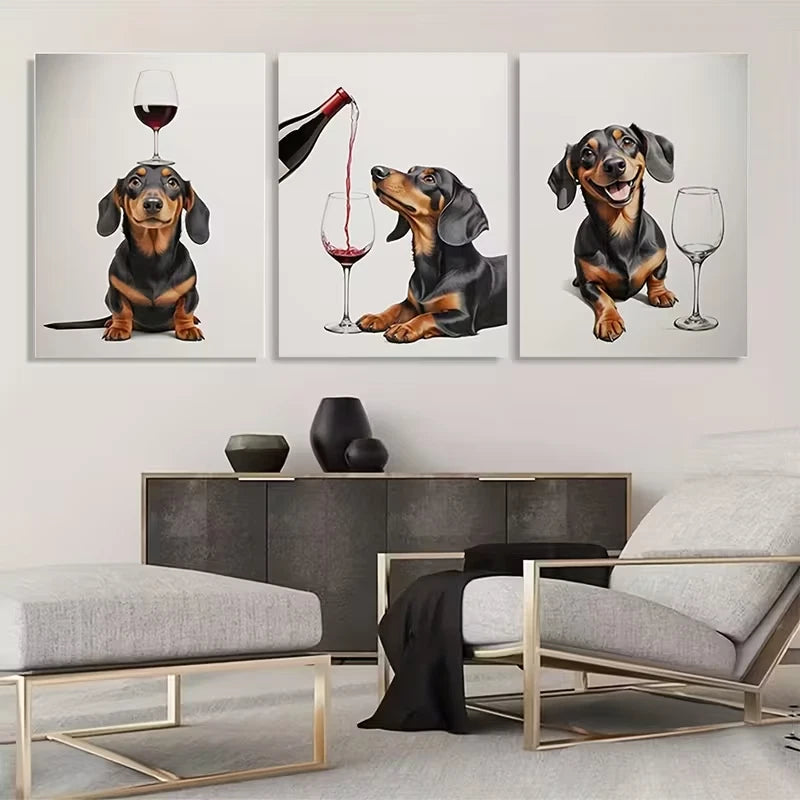 3pcs Sausage Dog Wine Series Wall Art Set Canvas Framed 40x60cm - High Quality Print 100% Australian Made Wall Canvas Ready to Hang