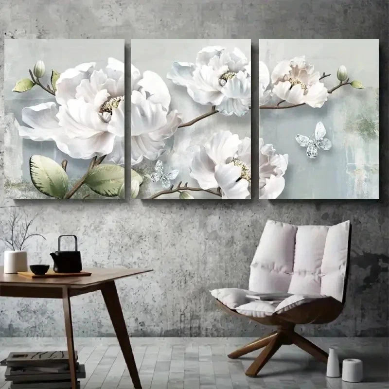 3pcs White Peony & Butterfly Botanical Metal Print Ready to Hang Art