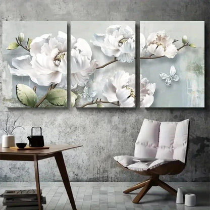 3pcs White Peony & Butterfly Botanical Metal Print Ready to Hang Art