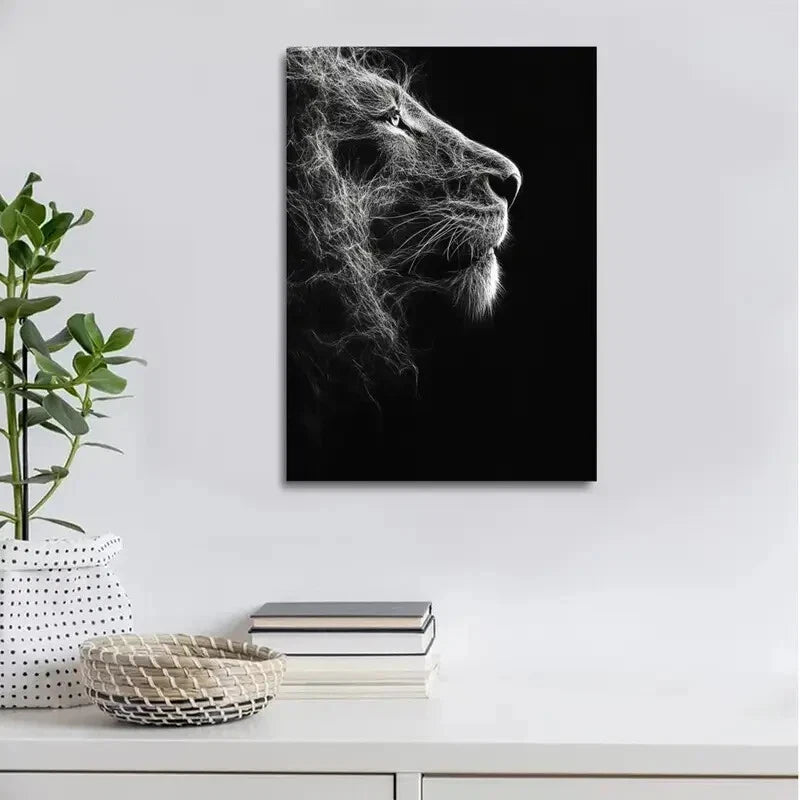 Striking Black & White Lion Portrait Painting  40x60cm Metal Print Ready to Hang