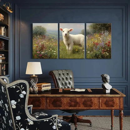 3pcs Lamb in Meadow with Vibrant Wildflowers Metal Print Ready to Hang Art