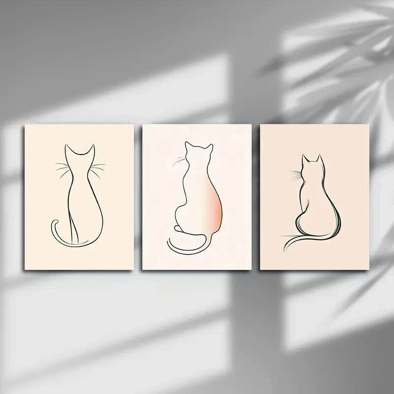 3pcs Cat Silhouette Light Pink &amp; Beige Metal Print Ready to Hang Art