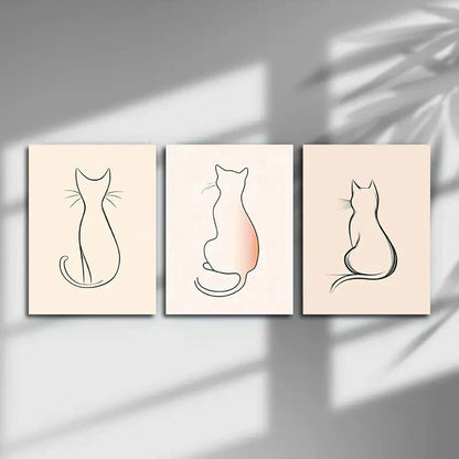 3pcs Cat Silhouette Light Pink &amp; Beige Metal Print Ready to Hang Art